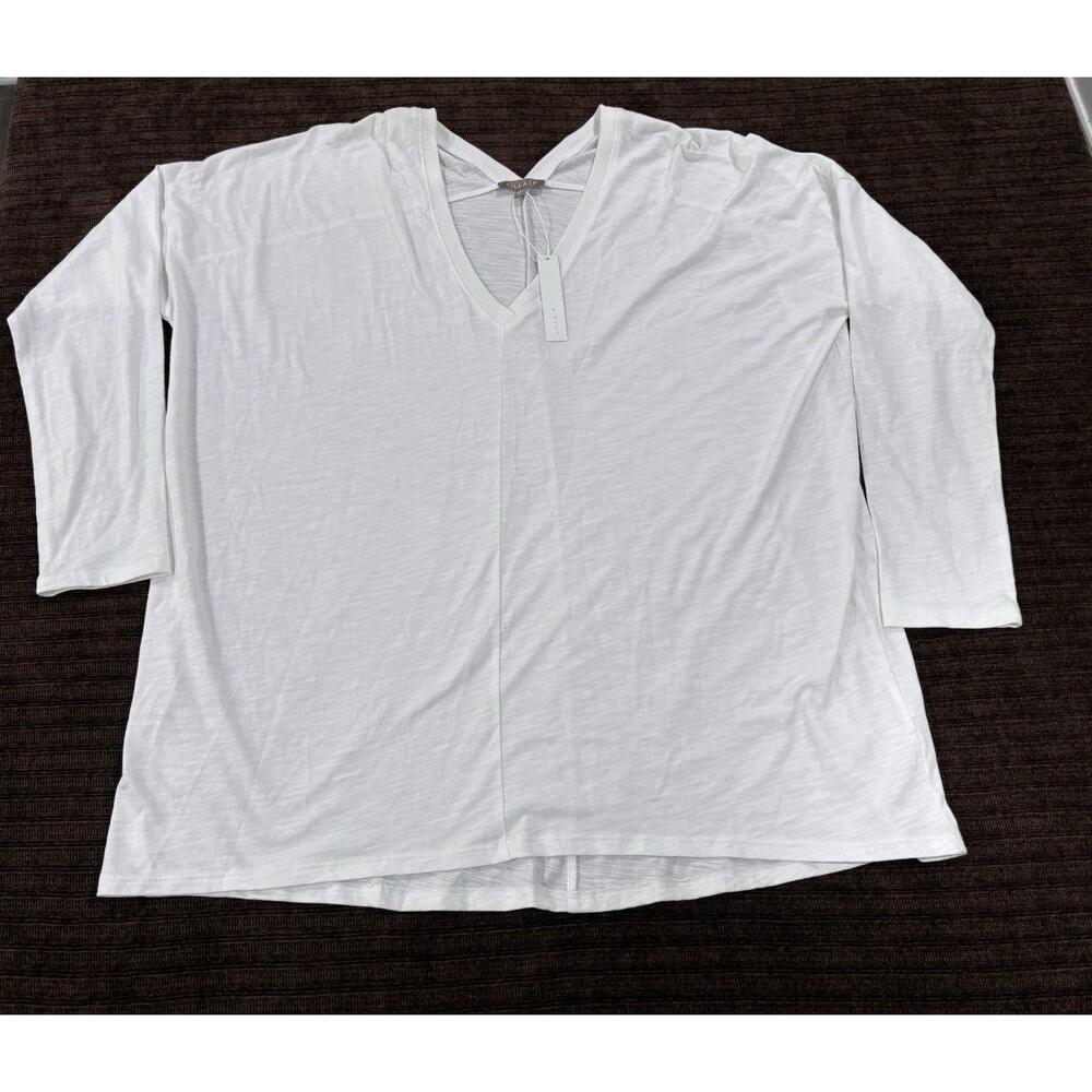 NWT Lilla P Women White Flame Cotton Modal Double V-Neck Tee Long Sleeve Top XL